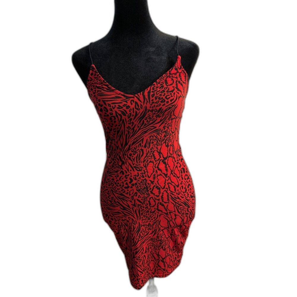 Y2K Clubkid Rave Grunge Edgy Red Black Animal Print Bodycon Mini Dress